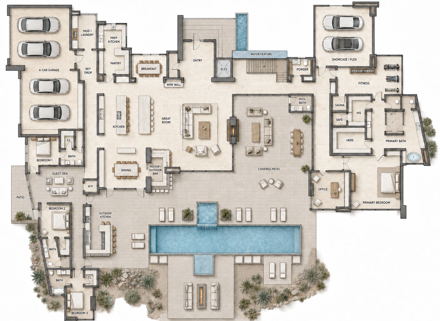 Main level floor plan of the residence
