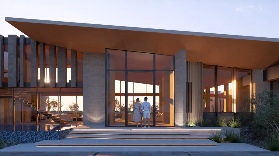 Arrival courtyard with water feature at dusk