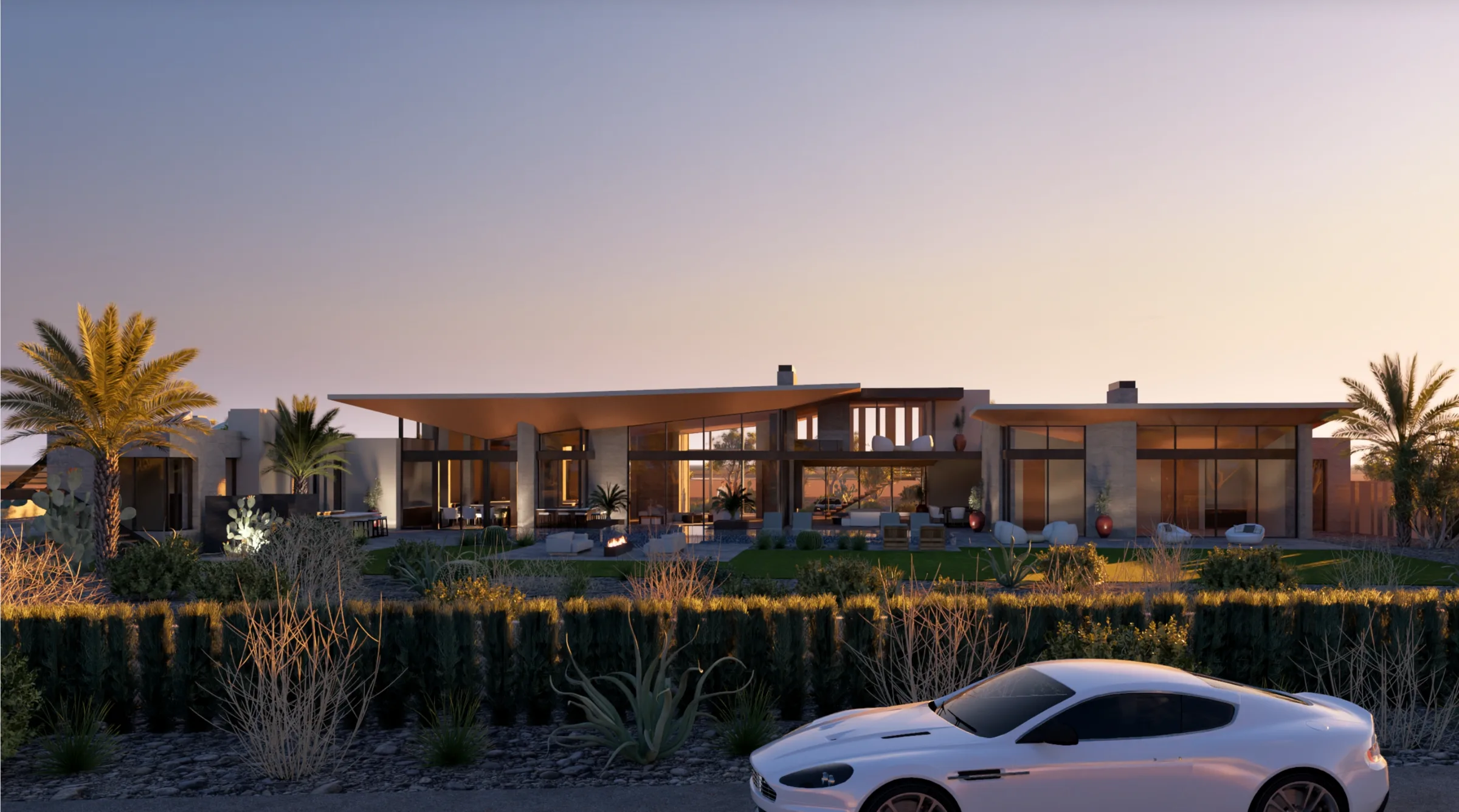 Front elevation of a BedBrock Development residence at dusk