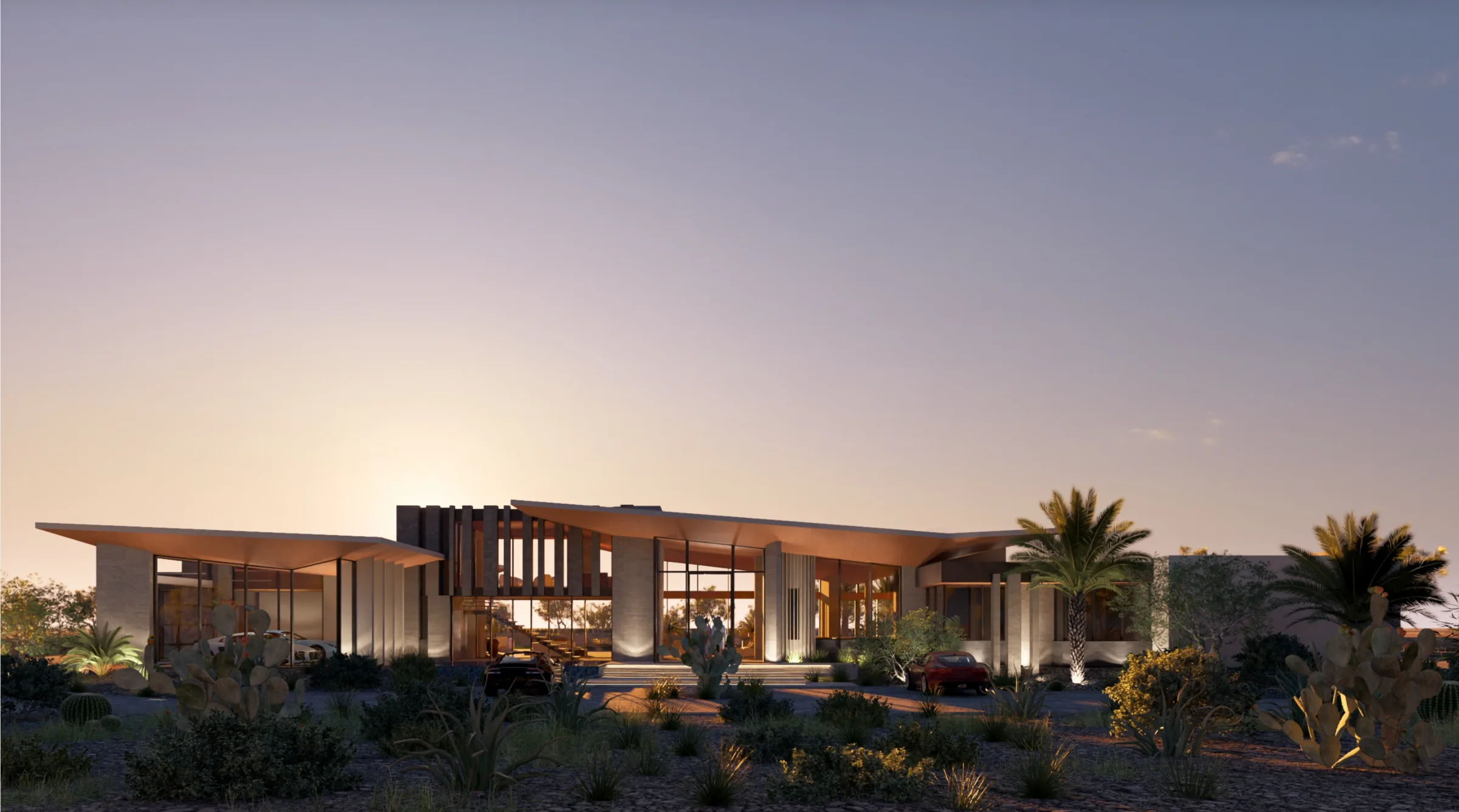 Front elevation of the residence at sunset with sweeping cantilevered roofline