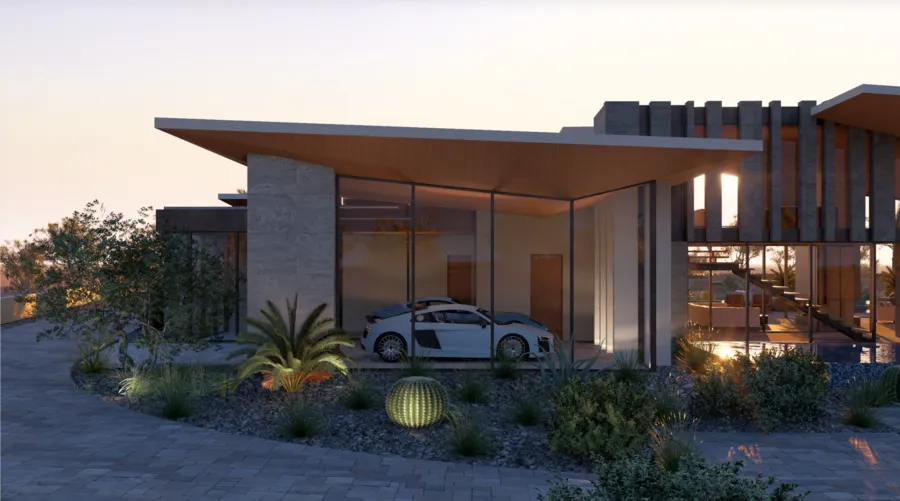 Glass enclosed showcase garage with sports car