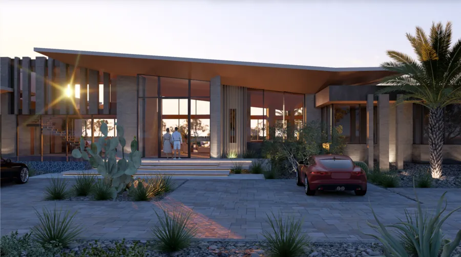 Driveway approach to the residence with desert landscaping
