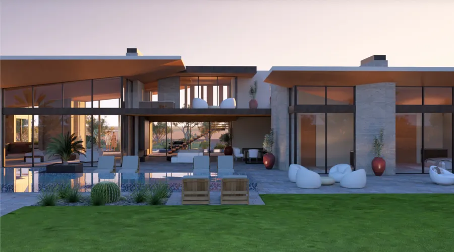Rear yard with lawn, pool, and covered living areas