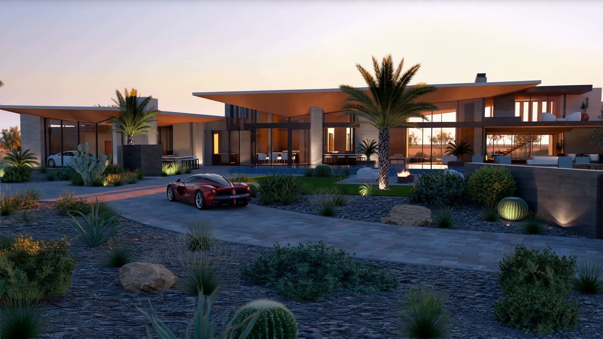 Front elevation of 5602 East Nauni Valley Drive at dusk, Paradise Valley, Arizona